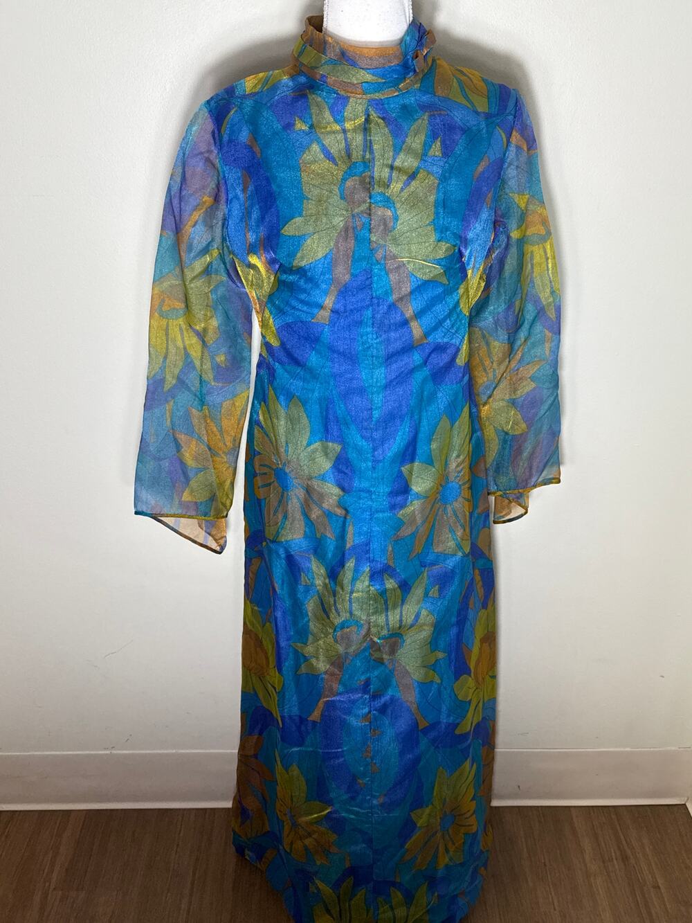 Gina Gaye Blue and Green Floral Overlay Maxi Dress Sz S/M